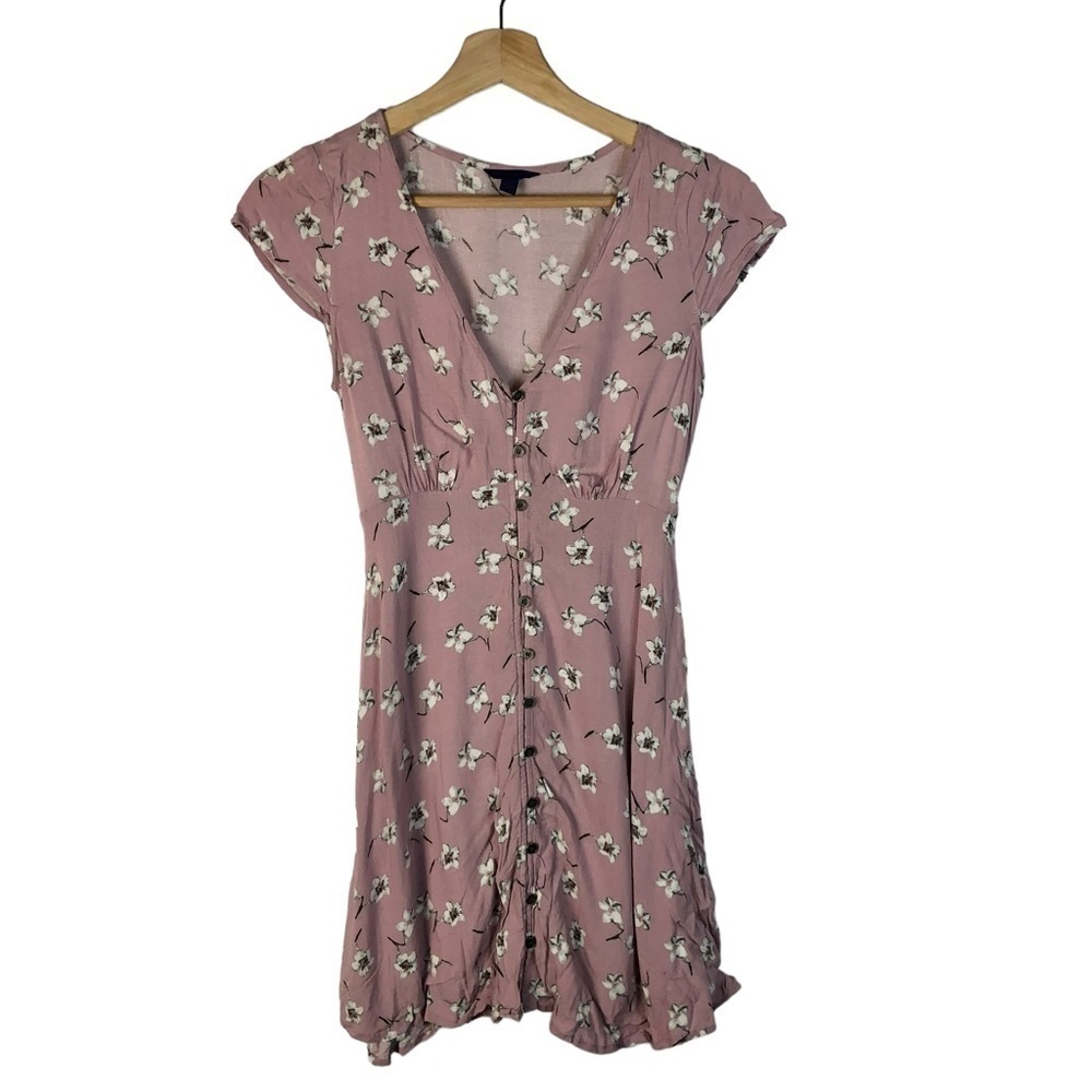 Aeropostale Pink Floral Short Sleeve Button Front Mini Shirt Dress XS - Picture 4 of 6